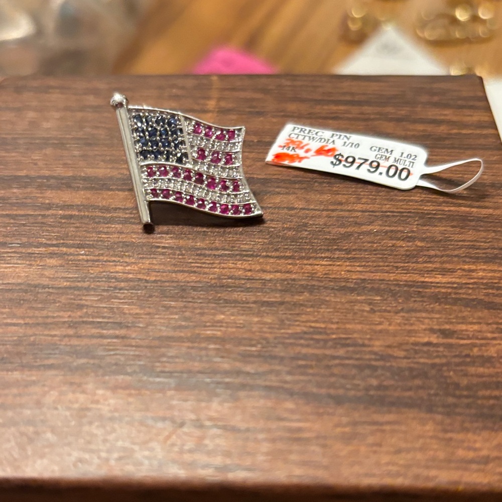 14K White Gold American Flag Brooch with Diamond, Ruby and Sapphire Stones